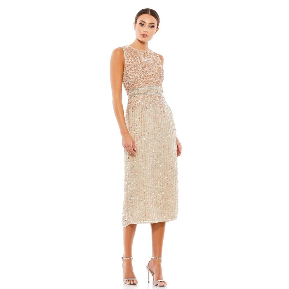 Mac‎ Duggal SLEEVELESS HIGH NECK BEADED MIDI SHEATH DRESS in nude size 8